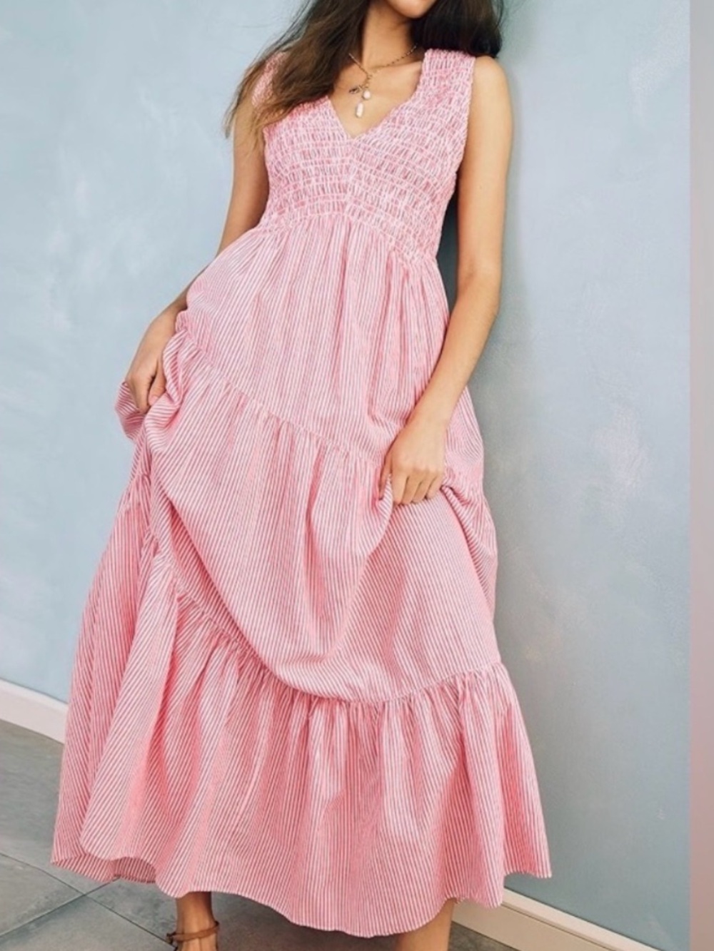 Free People Juno Maxi Dress Womens Medium Pink White Guava Combo Striped Dress